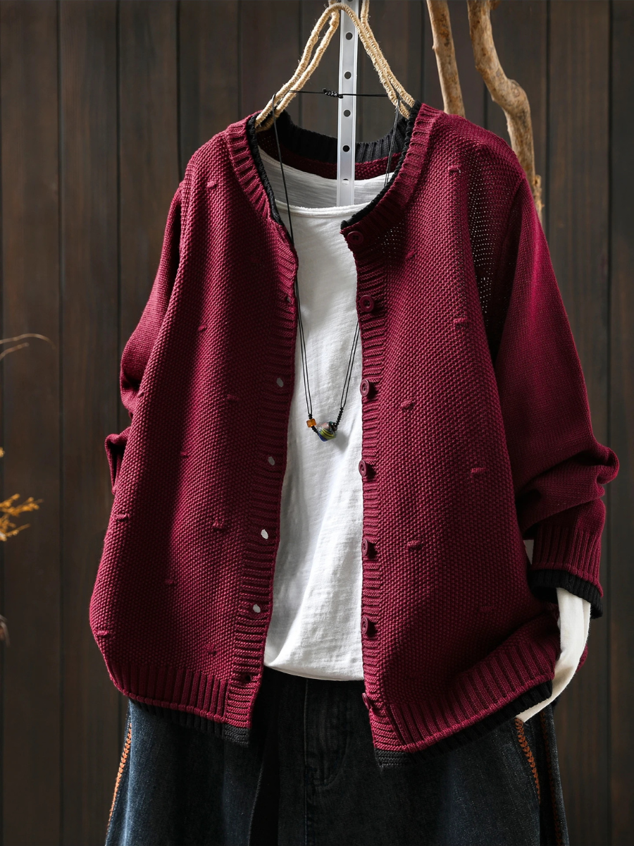Textured Knit Button-Front Round Neck Long Sleeve Cardigan