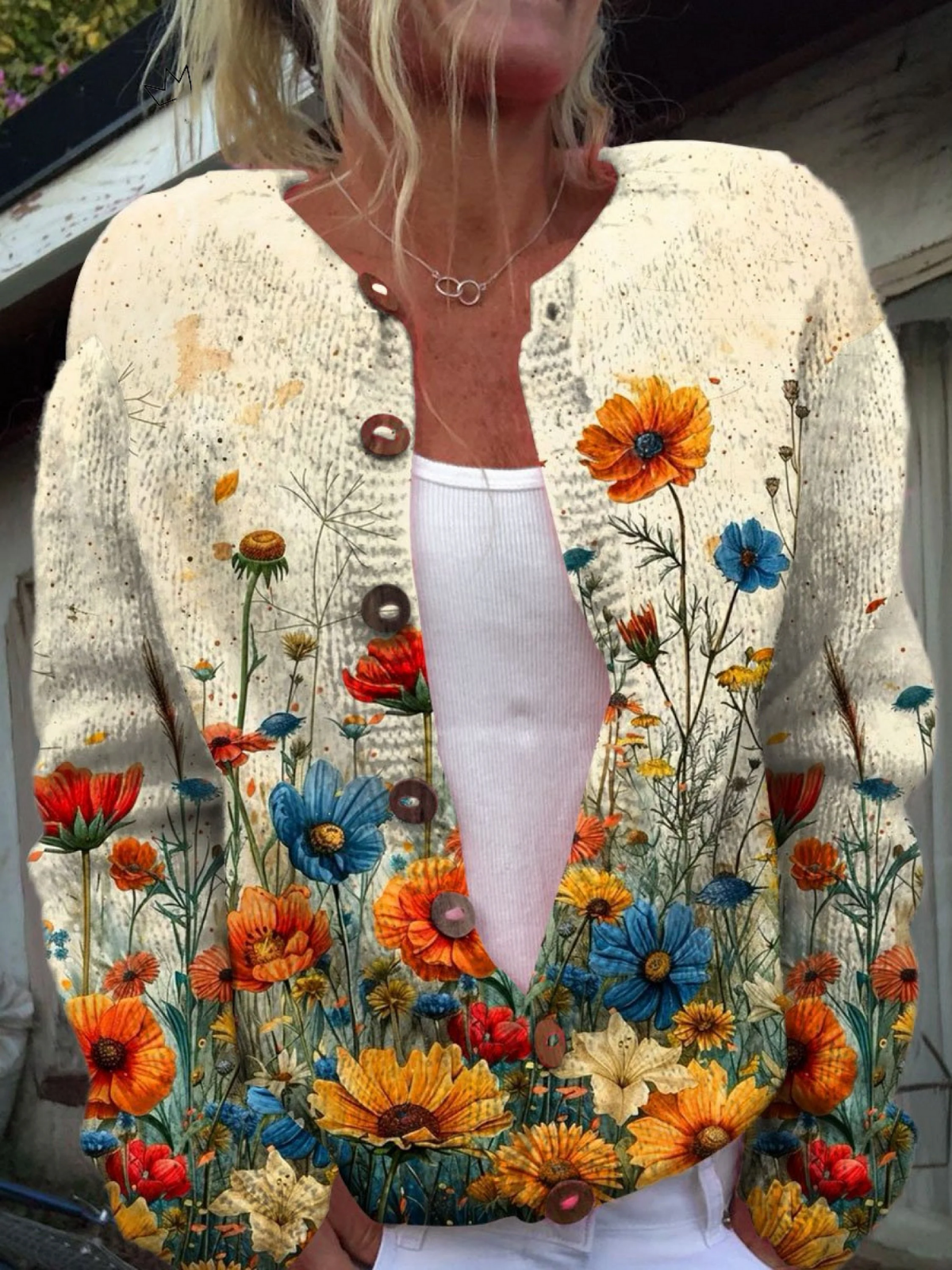 Crew Neck Wildflower Print Button Front Knit Cardigan