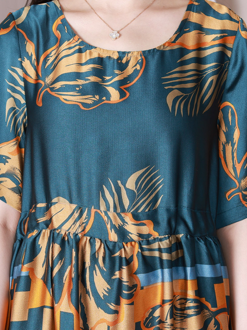 Round Neck Floral Geometric Print Short Sleeve Drawstring A-Line Midi Dress 3