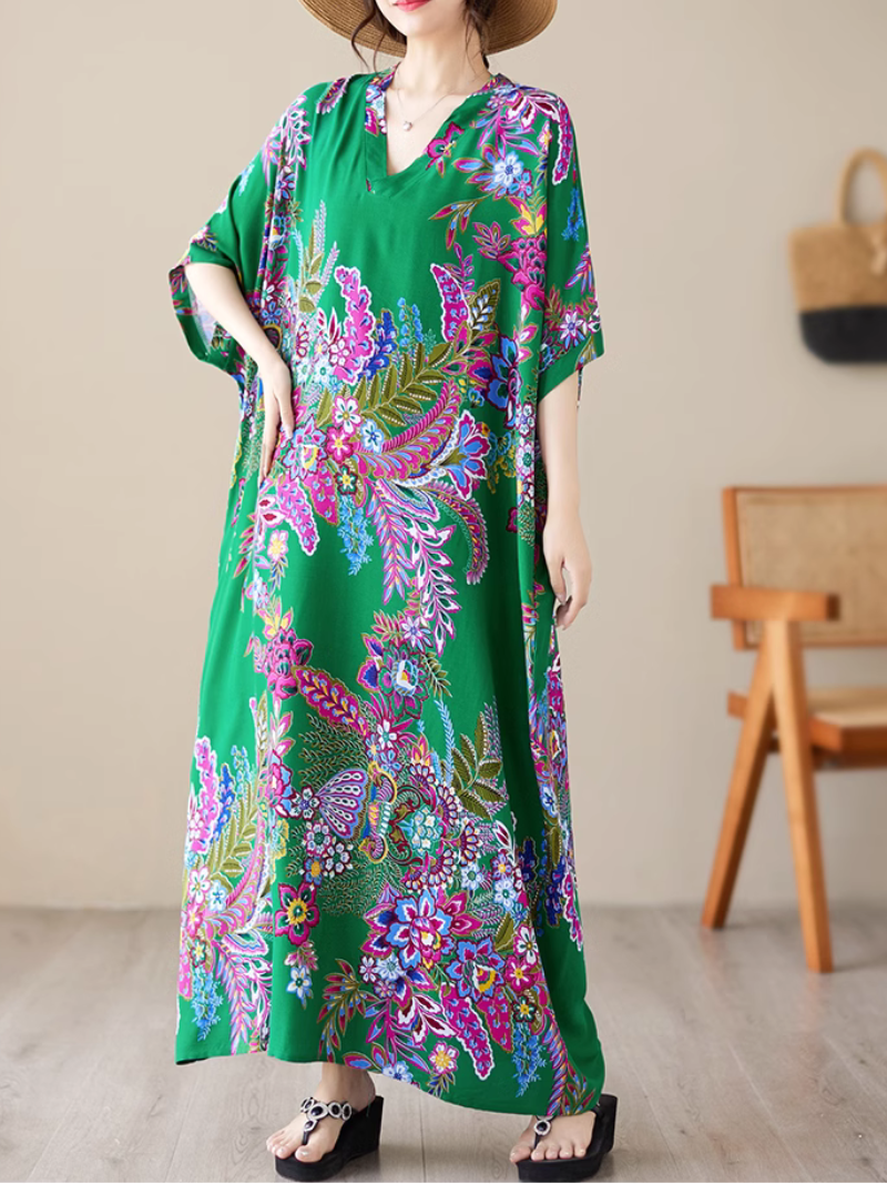 V-Neck Floral Paisley Print Batwing Sleeve Kaftan Maxi Dress 6