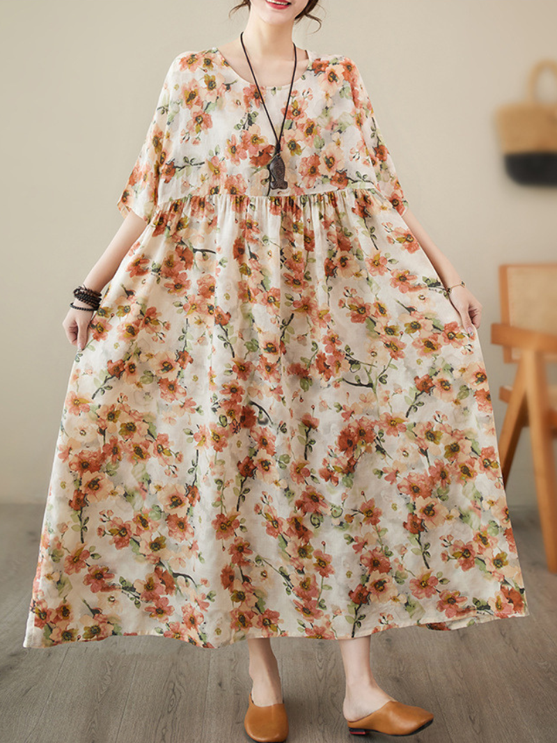 Multi Color Round Neck Short Sleeve Watercolor Floral Smock Loose Maxi Dress