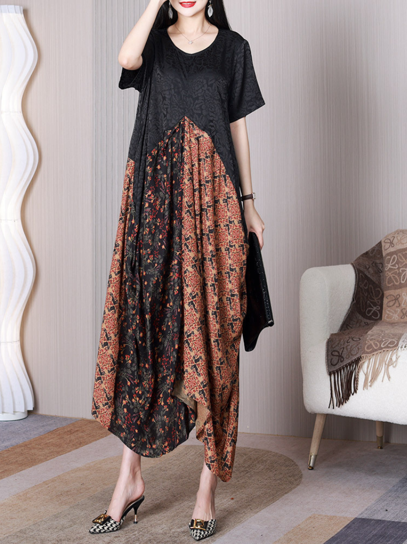 Black V-Neck Floral Patchwork Short Sleeve Asymmetric A-Line Midi Dress 5