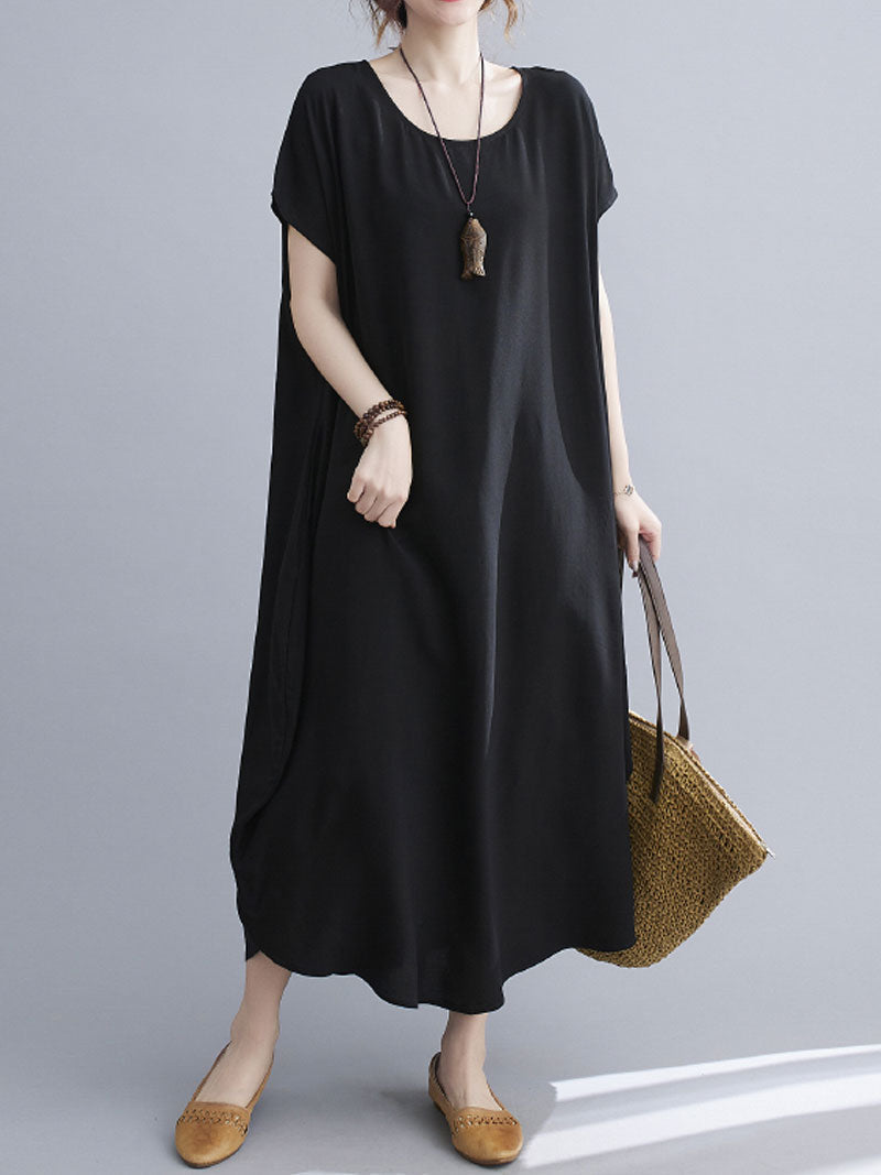 Round Neck Short Sleeve Loose Cocoon Maxi Dress 12