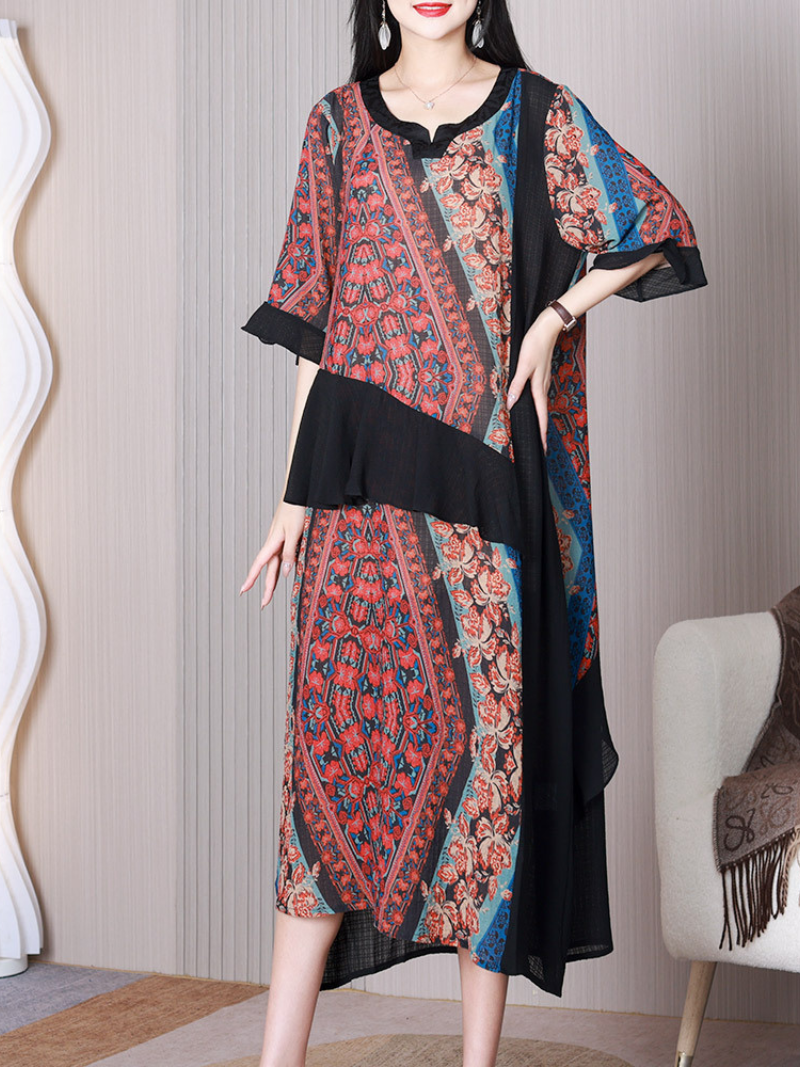 Red Notch Neck Floral Print Patchwork Asymmetric A-Line Midi Dress 3