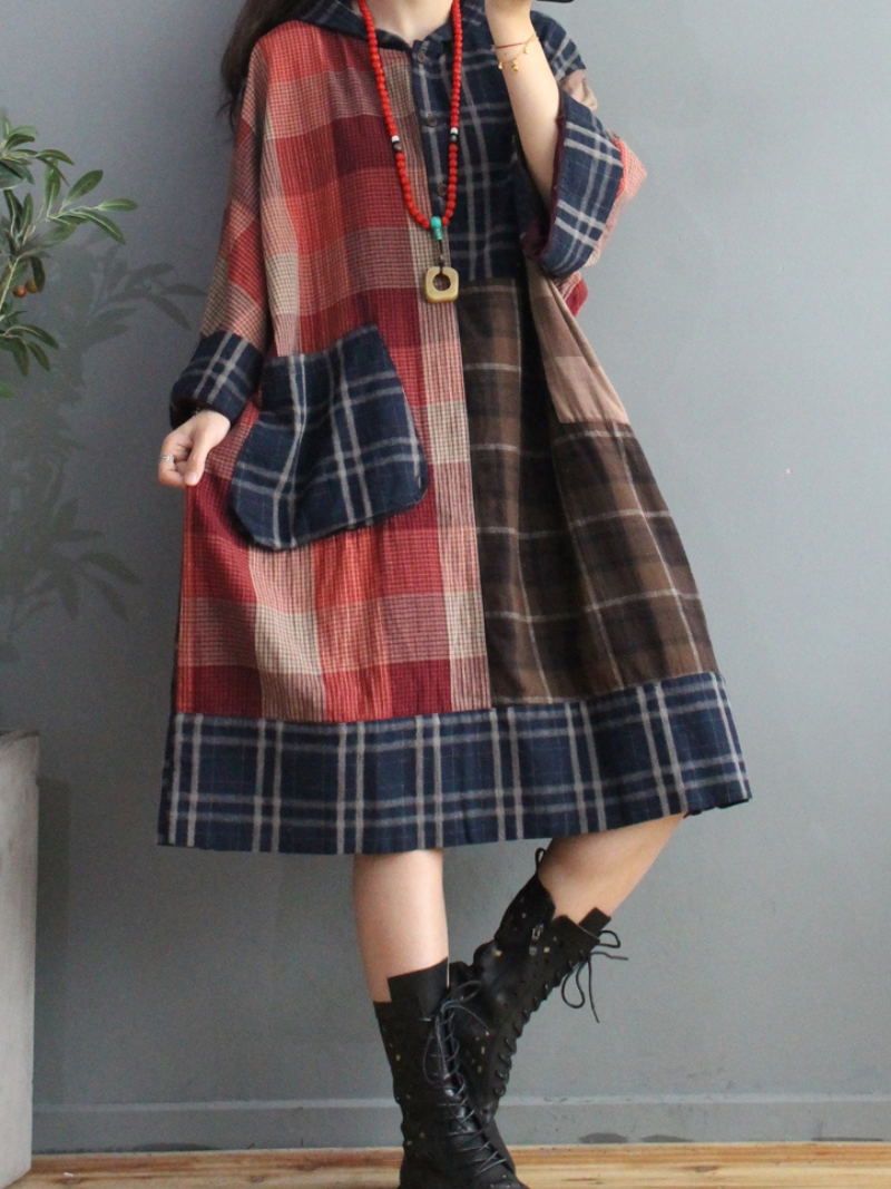 Hooded Long Sleeve Plaid Patchwork Patch Pocket Loose Midi Dress 2