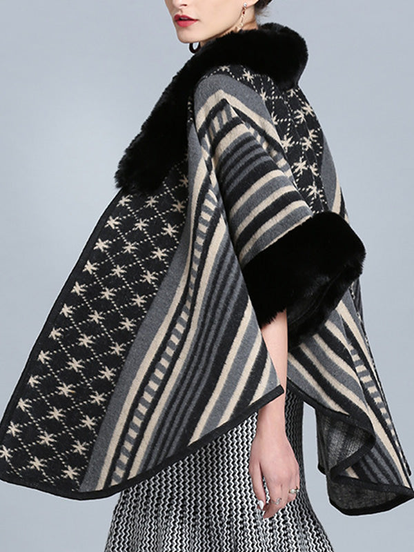 Faux Fur Collar Striped Aztec Print Cape Cardigan 14