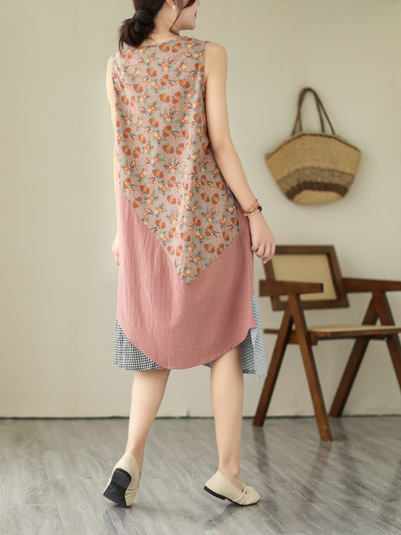 V-Neck Sleeveless Plaid Patchwork Cotton A-Line Midi Dress