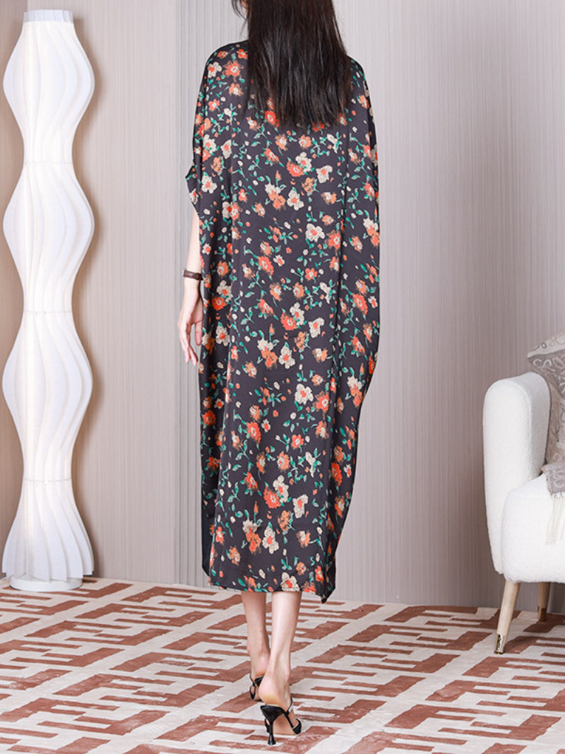 Black Stand Collar Ditsy Floral Print Batwing Sleeve Loose Midi Dress 2