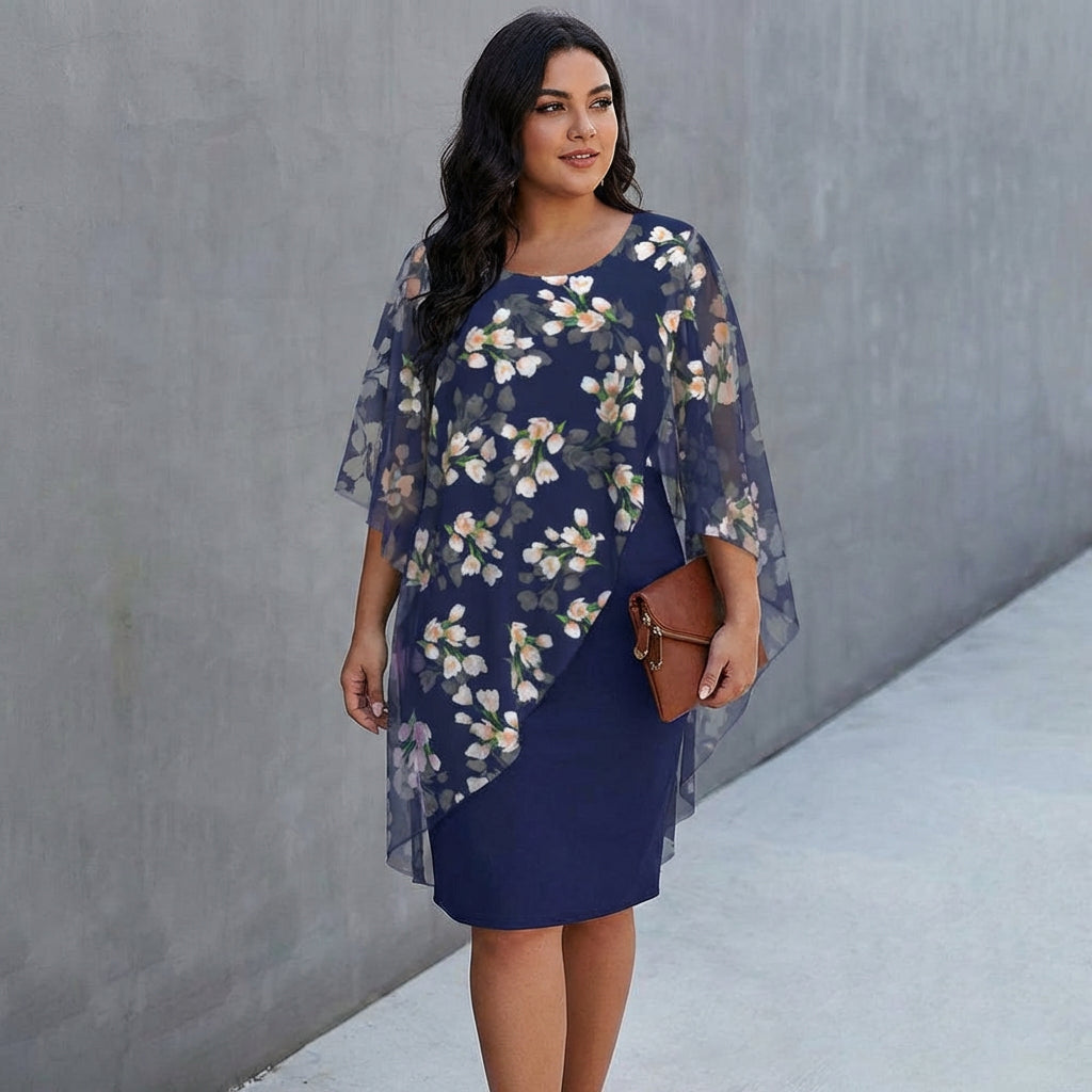 Round Neck Floral Chiffon Cape Overlay Sheath Midi Dress