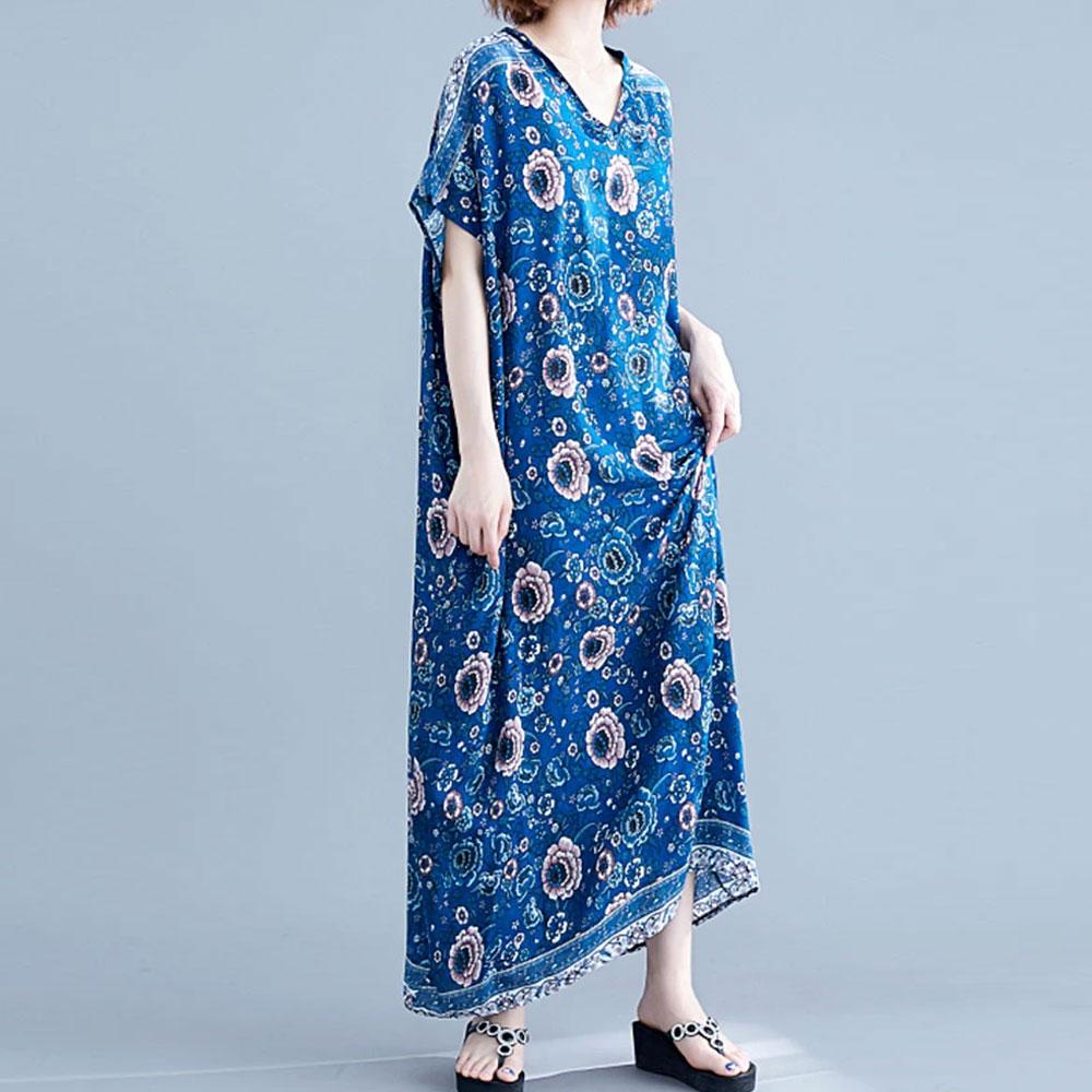 Blue V-Neck Floral Print Batwing Sleeve Loose Kaftan Maxi Dress 4