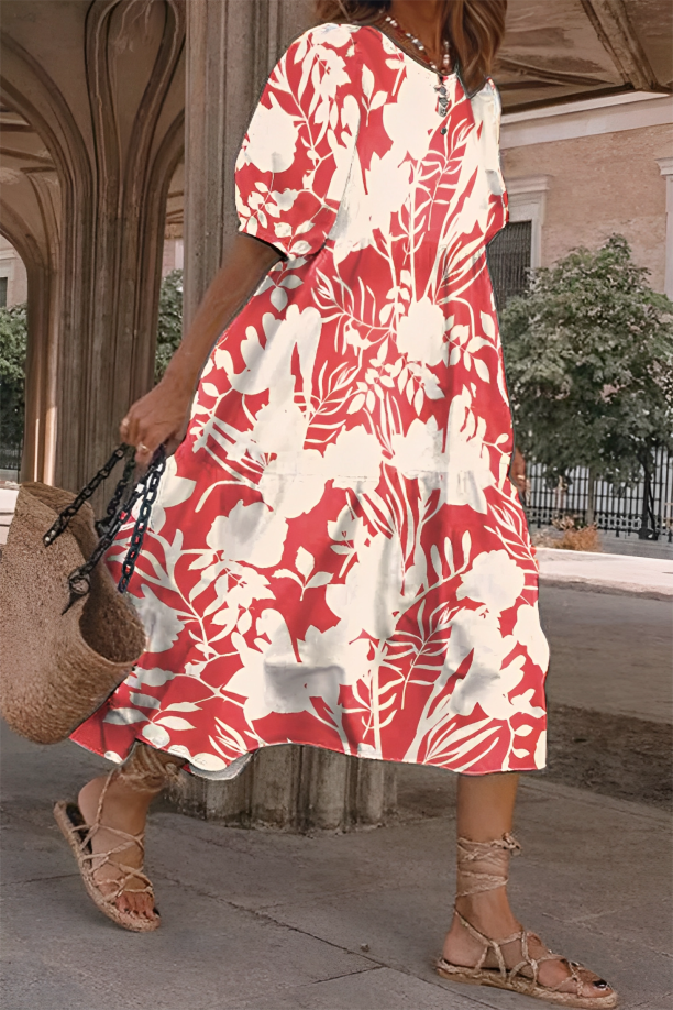 Round Neck Tropical Floral Short Sleeve Tiered A-Line Midi Dress