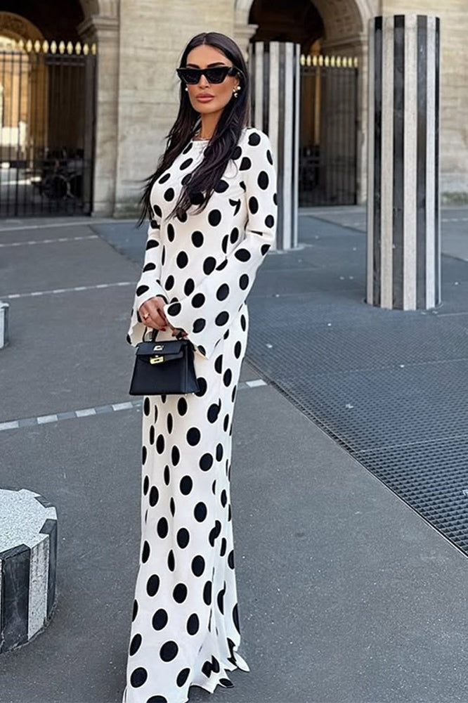 White Polka Dot Bell Sleeve Maxi Dress