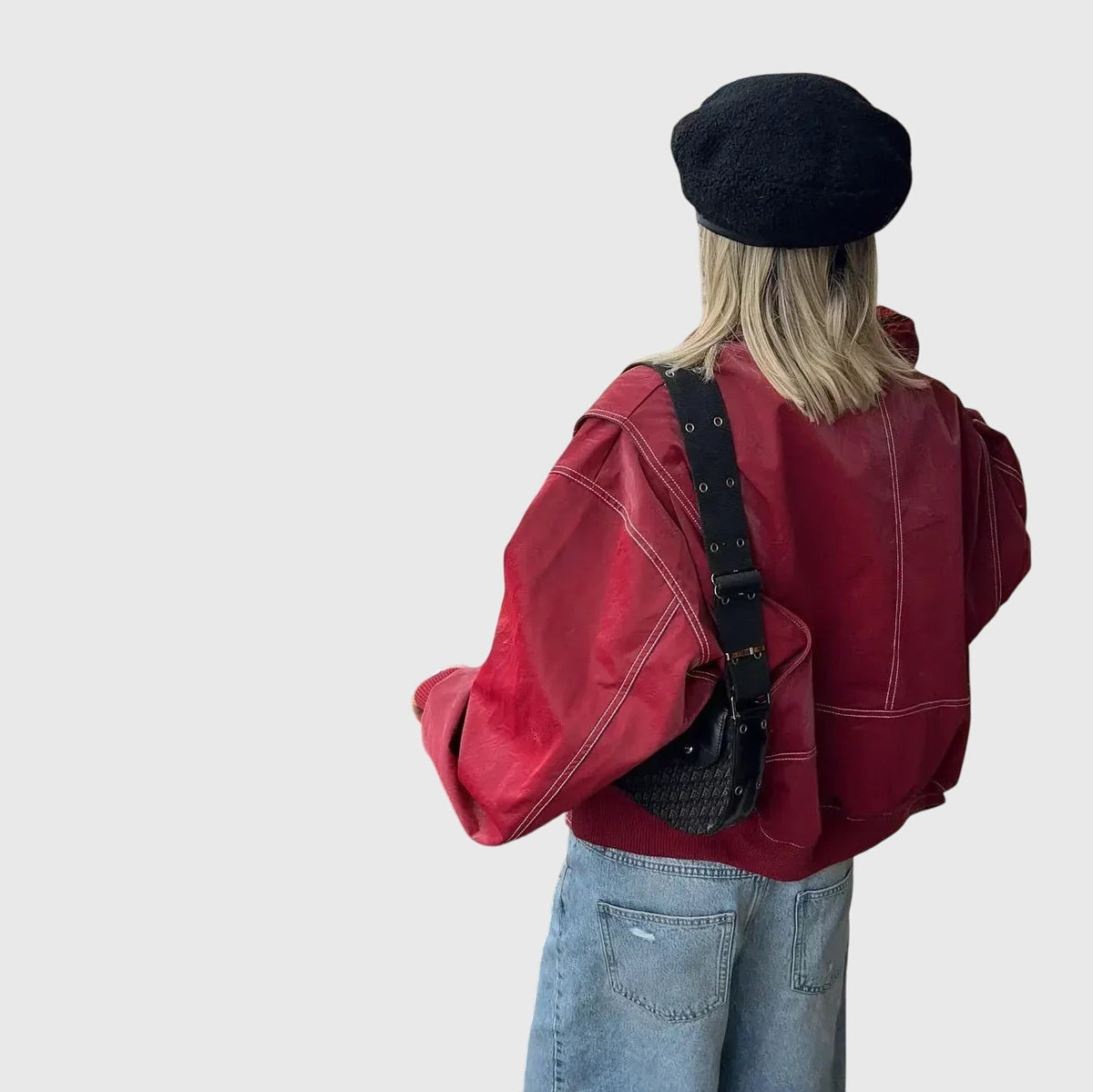 Red Spread Collar Contrast Stitch Oversized Leather Jacket