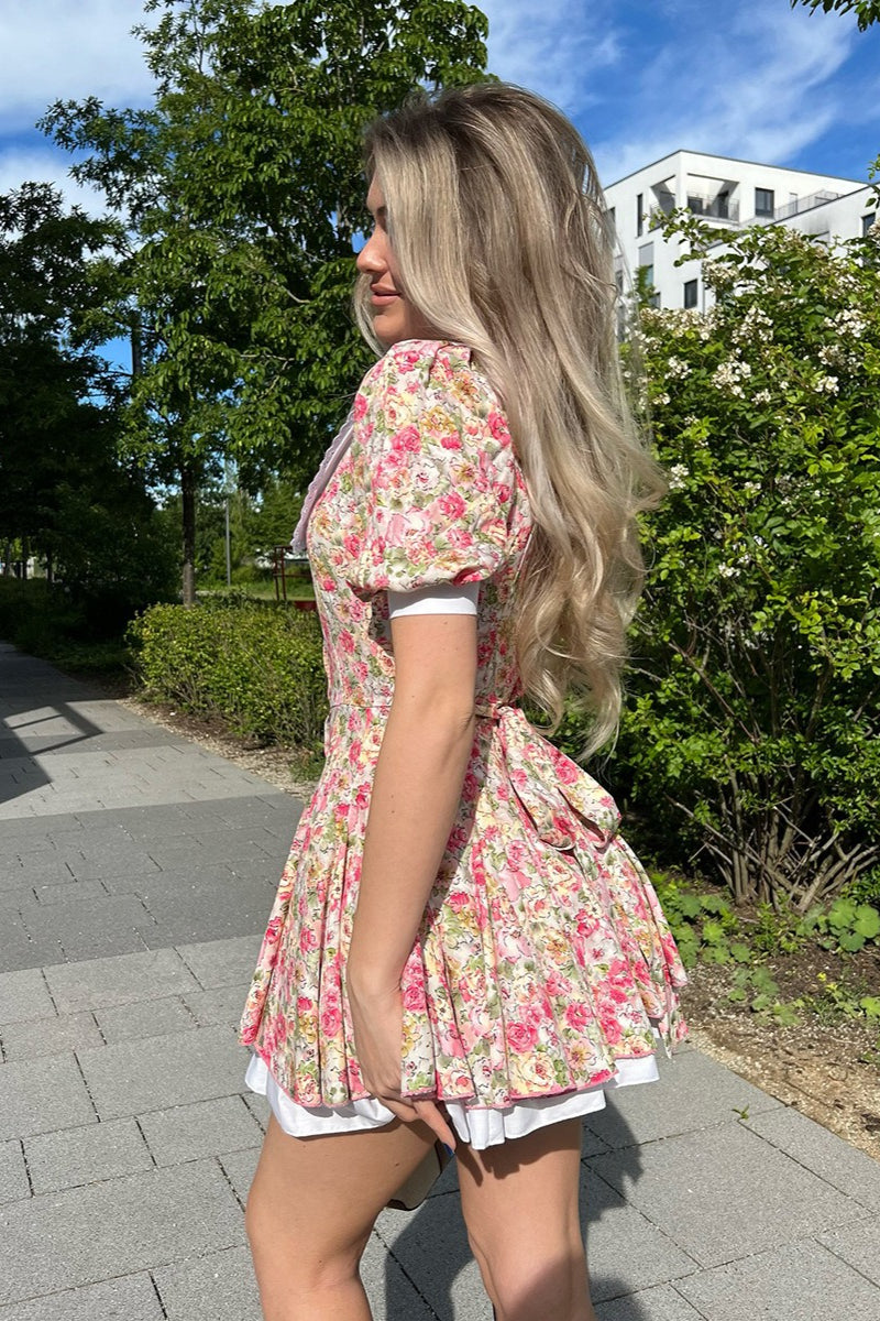 Pink Peter Pan Collar Puff Sleeve Button Front Pleated Ruffle Hem Floral Print Mini Dress 4