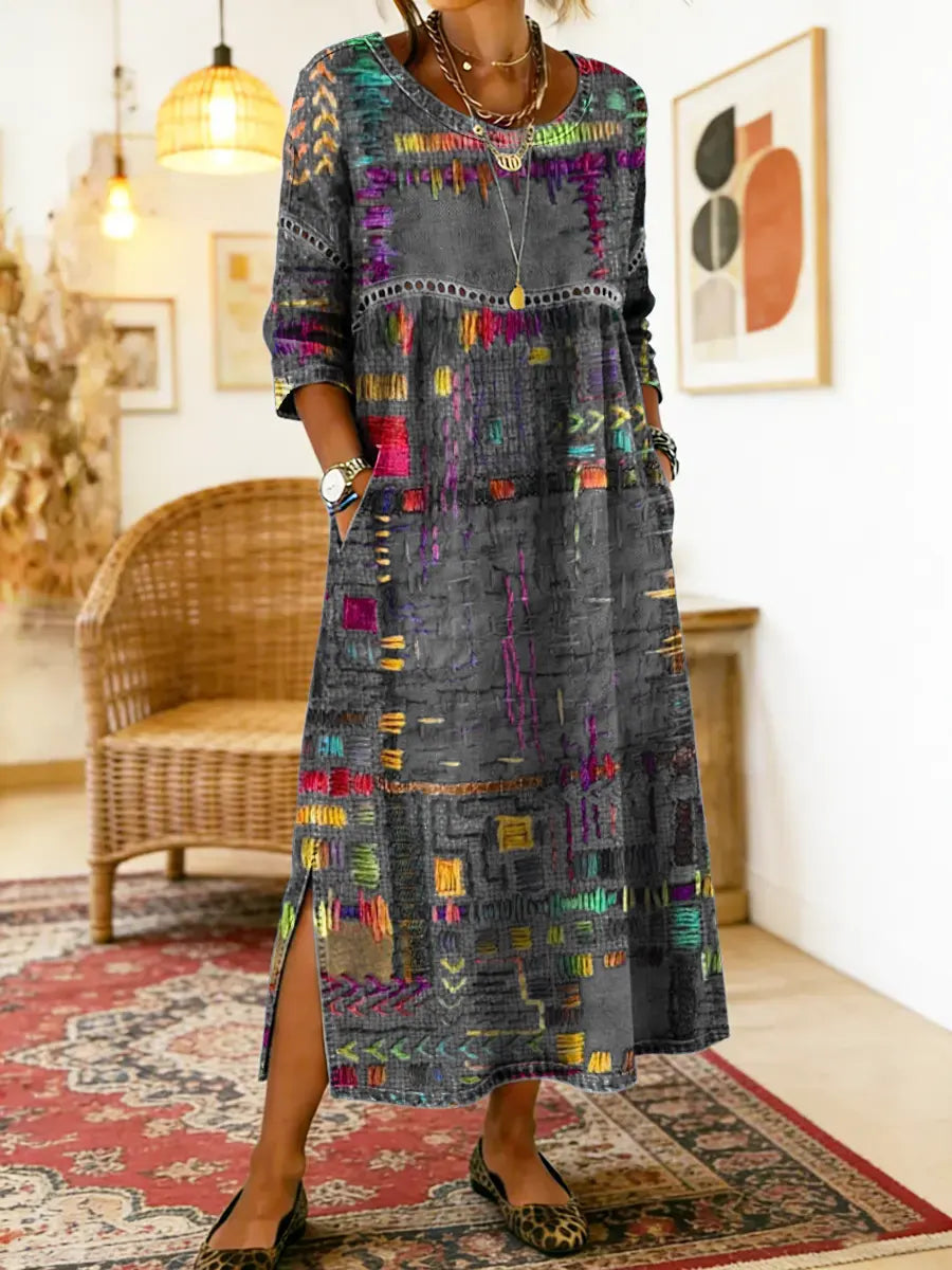Round Neck Abstract Patchwork Print Long Sleeve Side Slit Maxi Dress