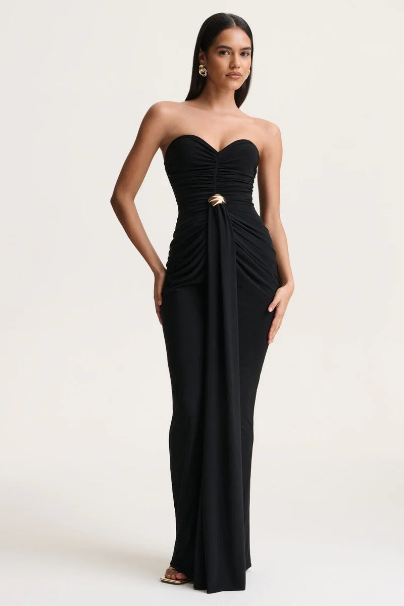Strapless Ruched Waist Sash Party Dress