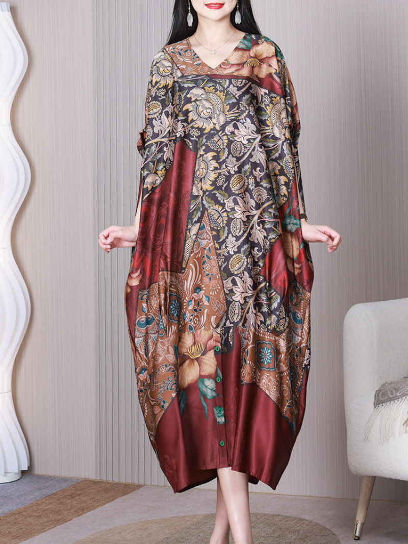 Red V-Neck Floral Print Batwing Sleeve Loose A-Line Midi Dress 3