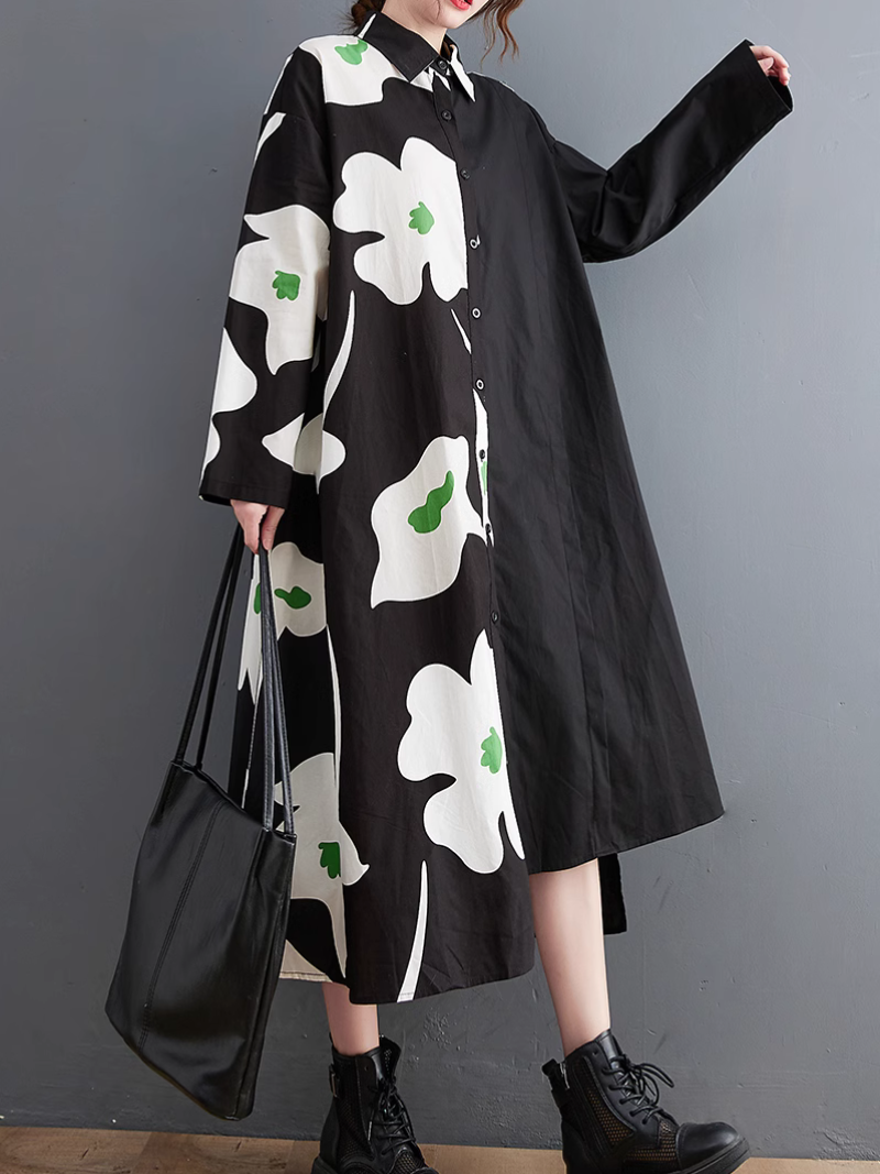 Collared Button Front Floral Print Long Sleeve Shirt Midi Dress