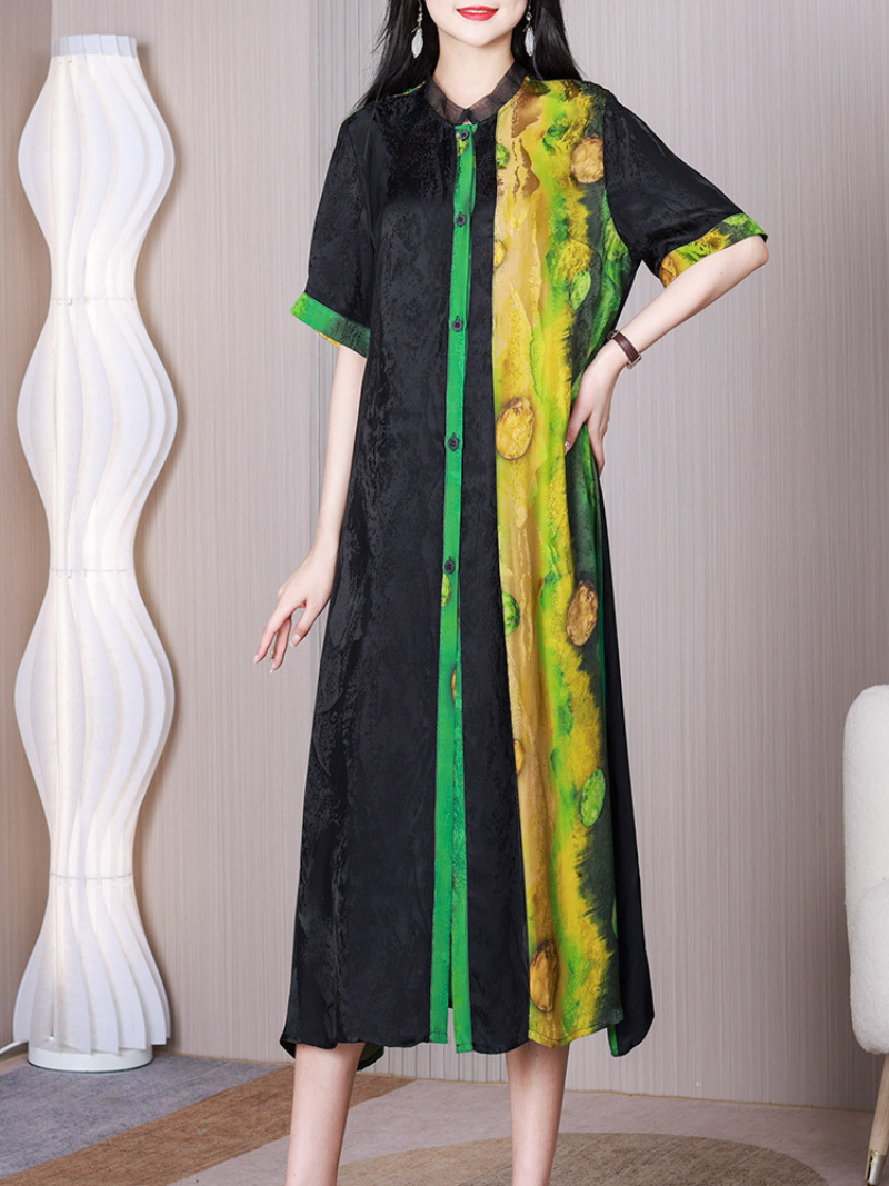 Green Stand Collar Button Front Abstract Print Short Sleeve A-Line Midi Dress