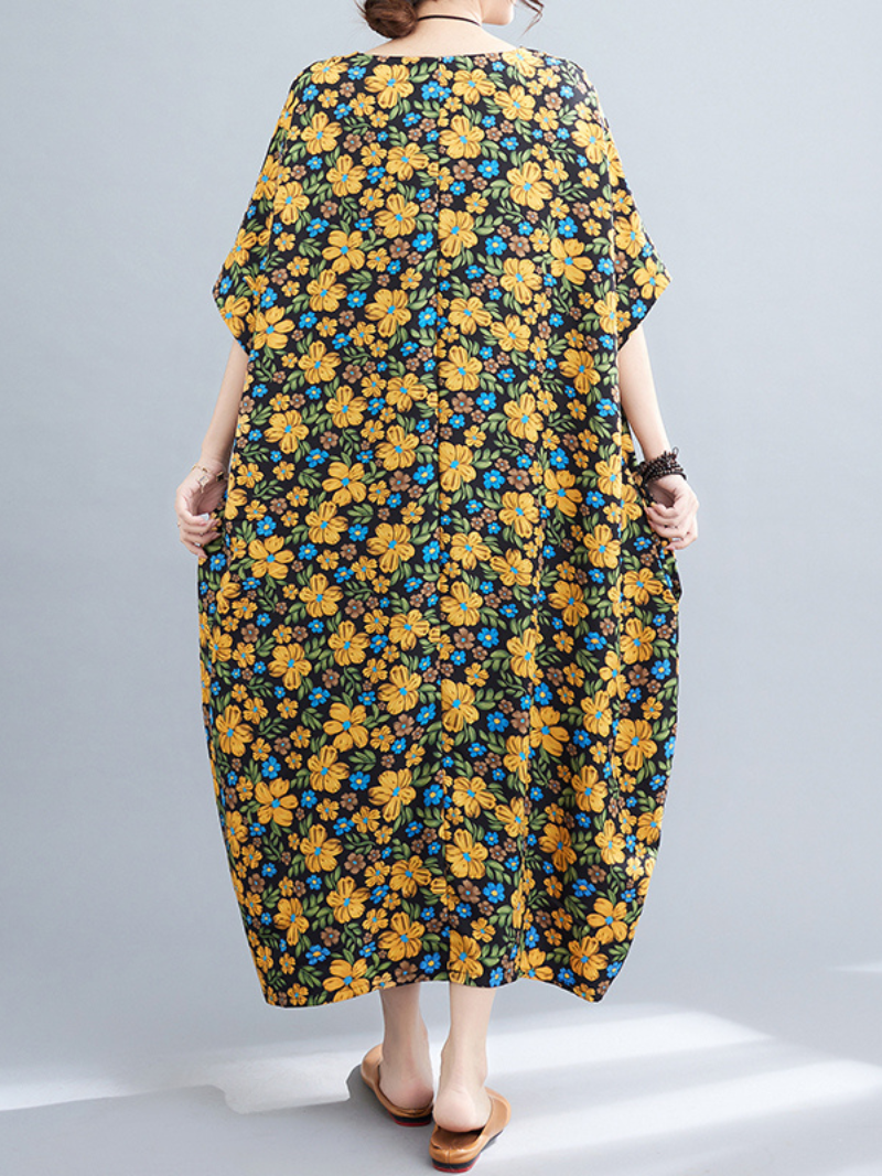 Multi Color Round Neck Floral Print Batwing Sleeve Loose A-Line Maxi Dress 2