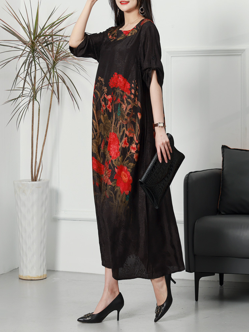 Red Round Neck Floral Print Loose Half Sleeve A-Line Maxi Dress