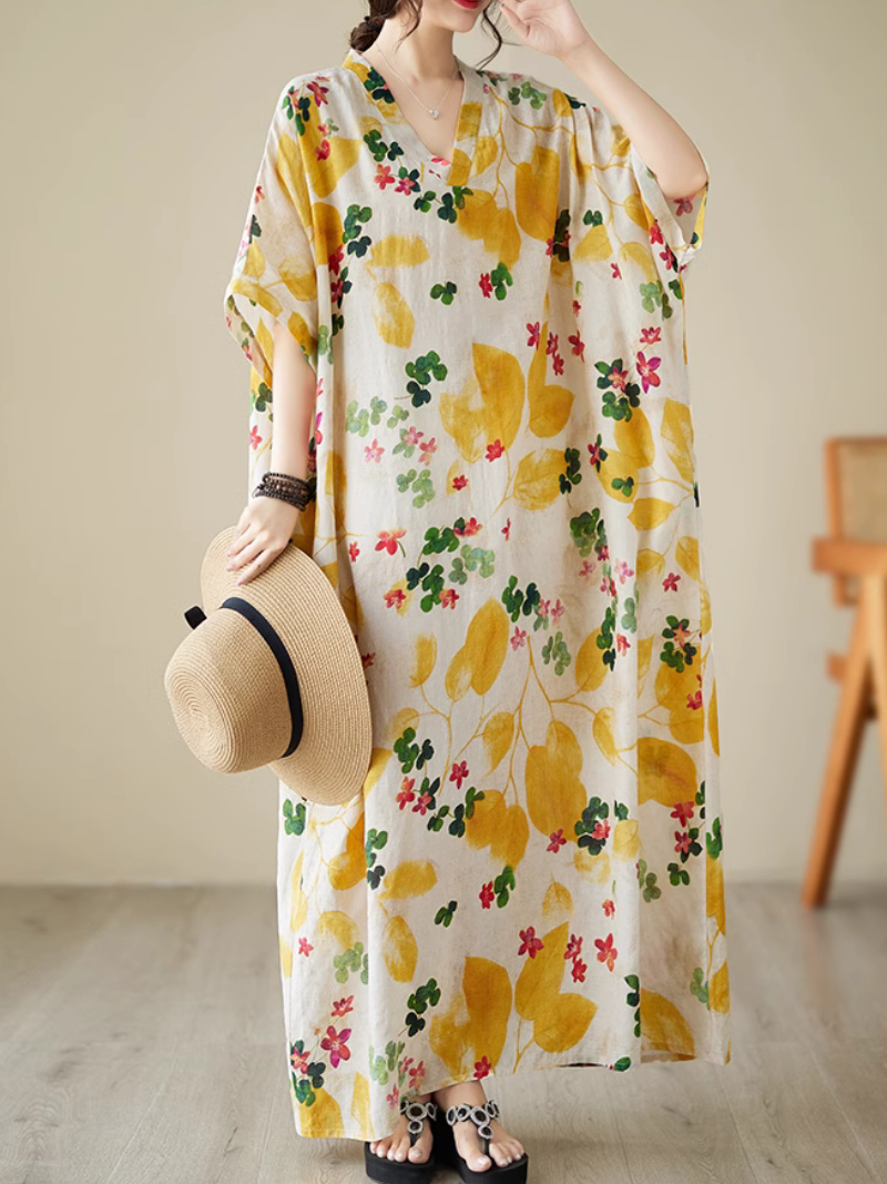 V-Neck Watercolor Floral Short Sleeve Loose Kaftan Maxi Dress 10