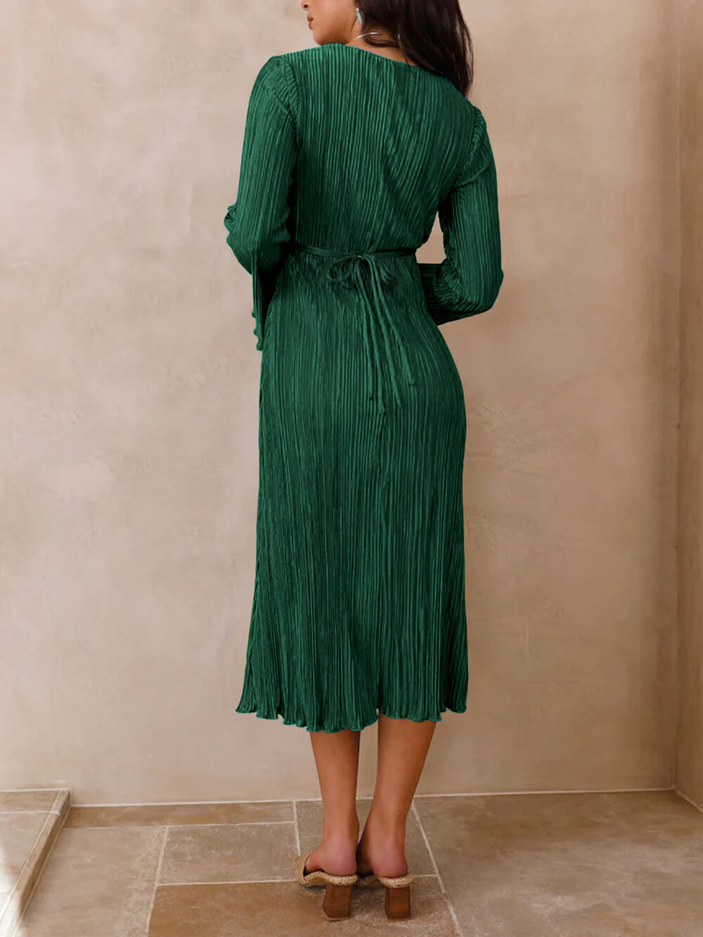 Mountain Vistas Draped Pleated Bell Sleeve Midi Dress