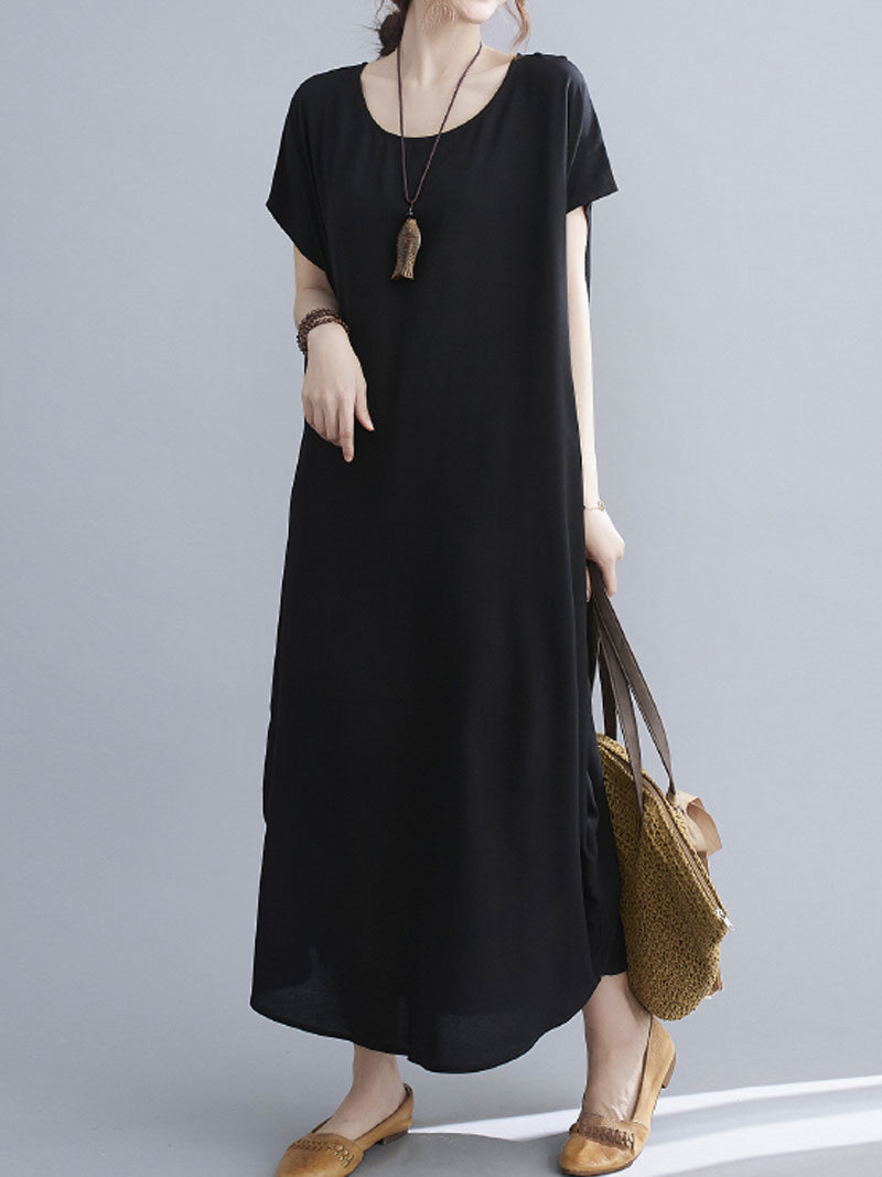 Round Neck Short Sleeve Loose Cocoon Maxi Dress 22