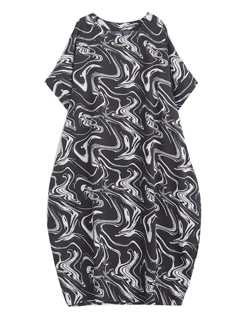 Black Round Neck Abstract Swirl Print Batwing Cocoon Maxi Dress