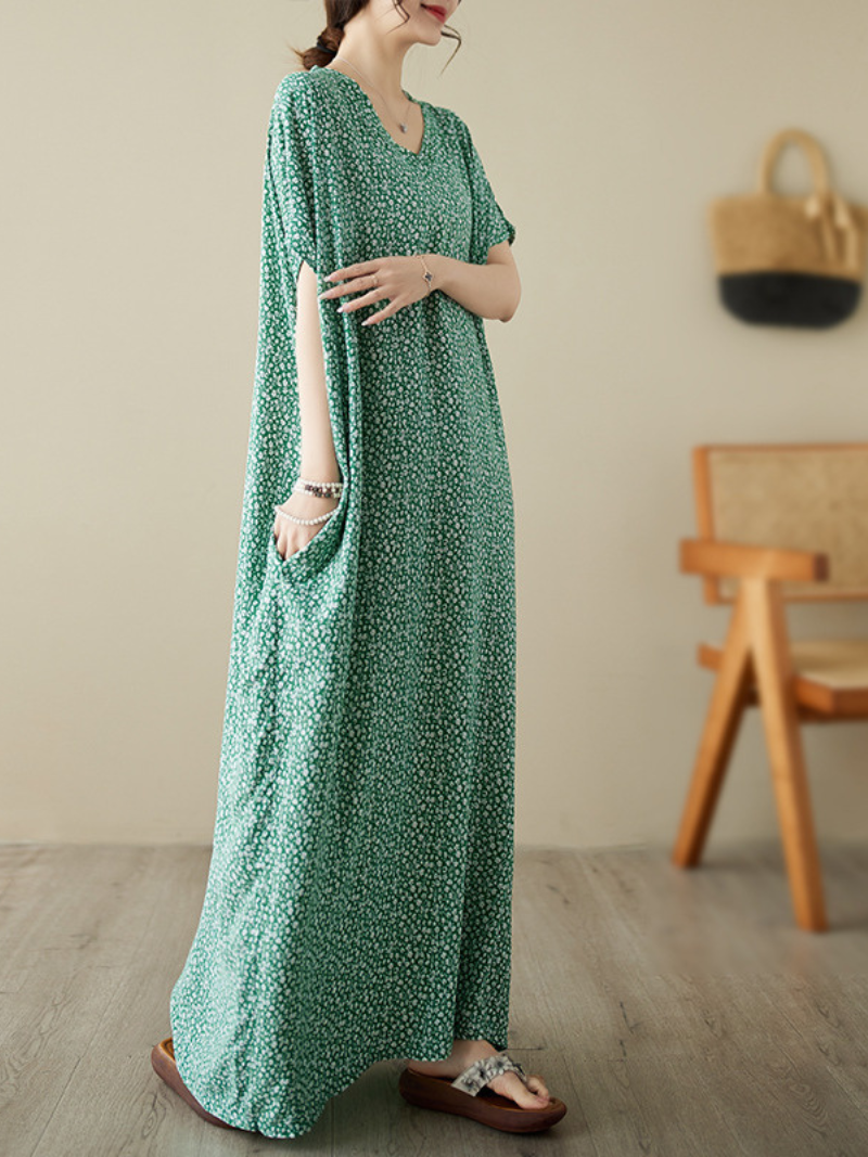 Green V-Neck Ditsy Floral Print Short Sleeve Loose Kaftan Maxi Dress