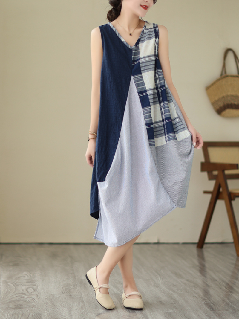 V-Neck Sleeveless Plaid Patchwork Cotton A-Line Midi Dress