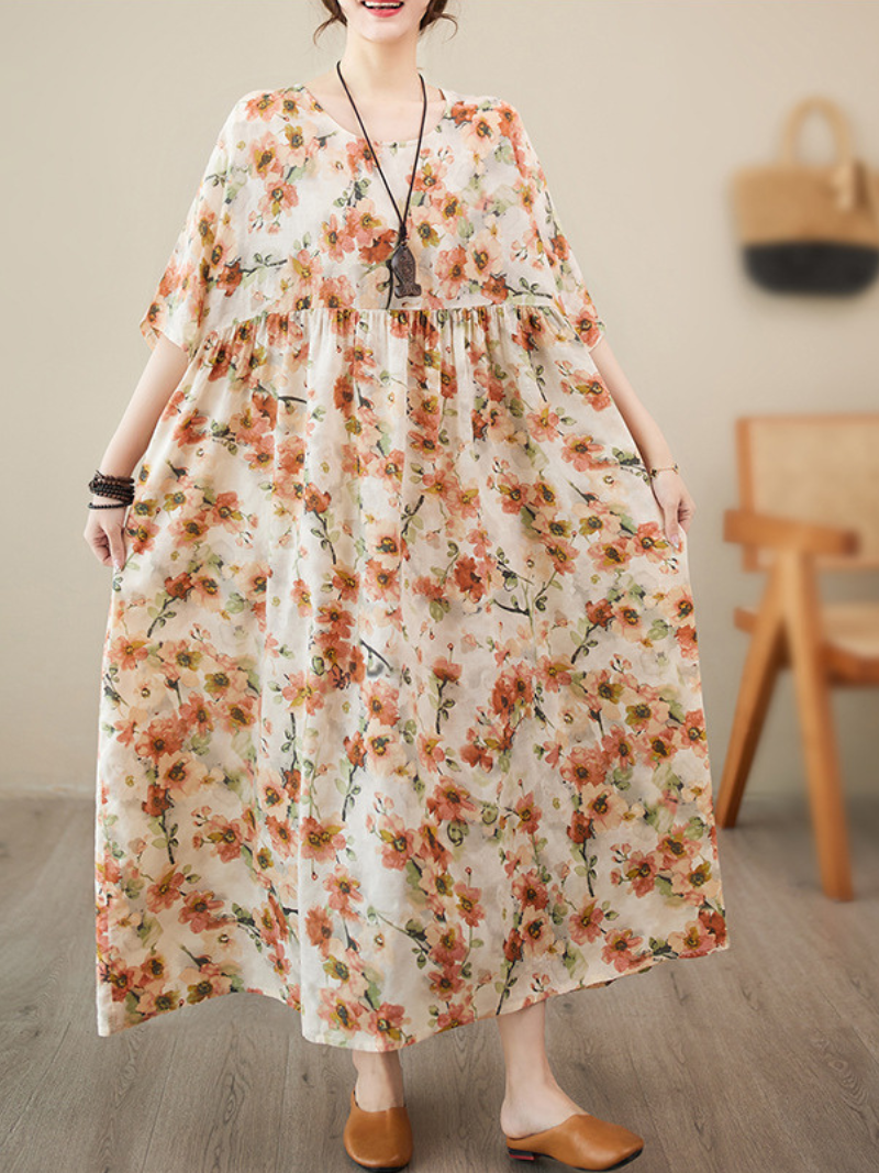 Multi Color Round Neck Short Sleeve Watercolor Floral Smock Loose Maxi Dress