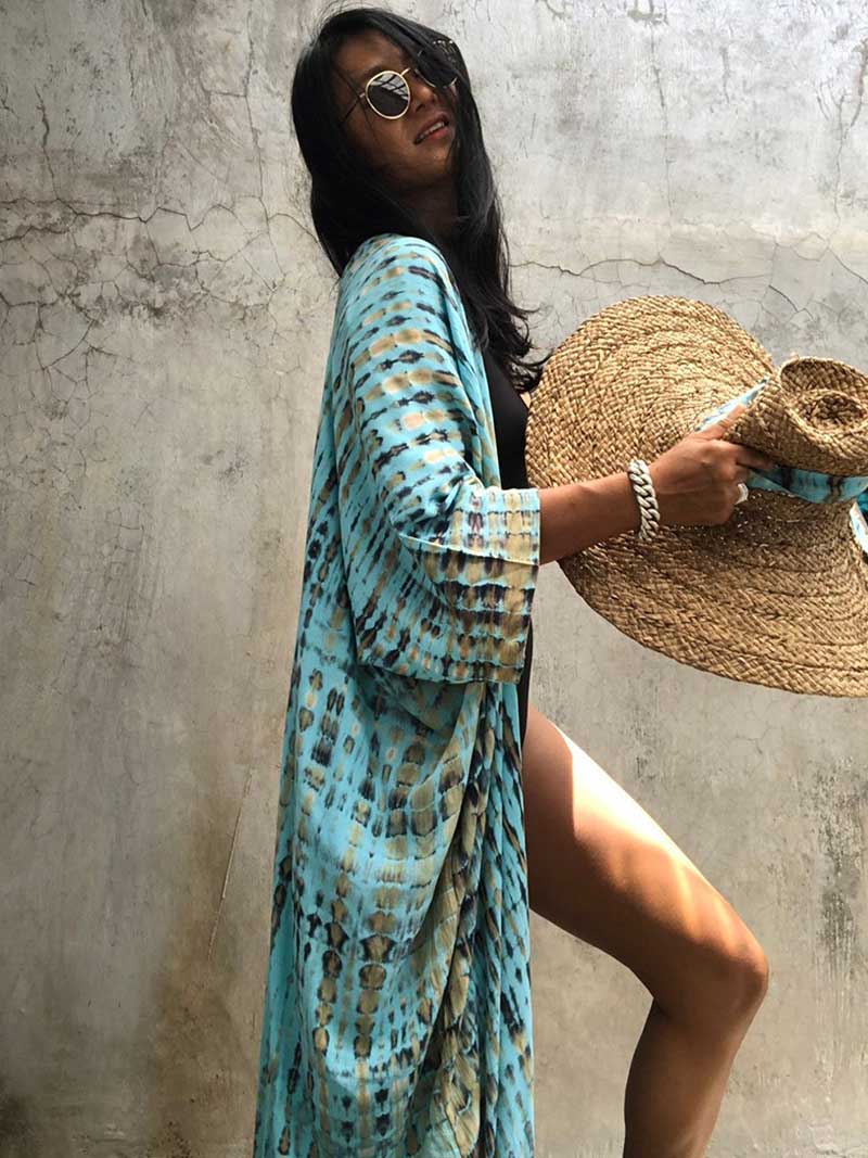 Tie-Dye Stripe Print Open Front Long Kimono Duster Robe 23
