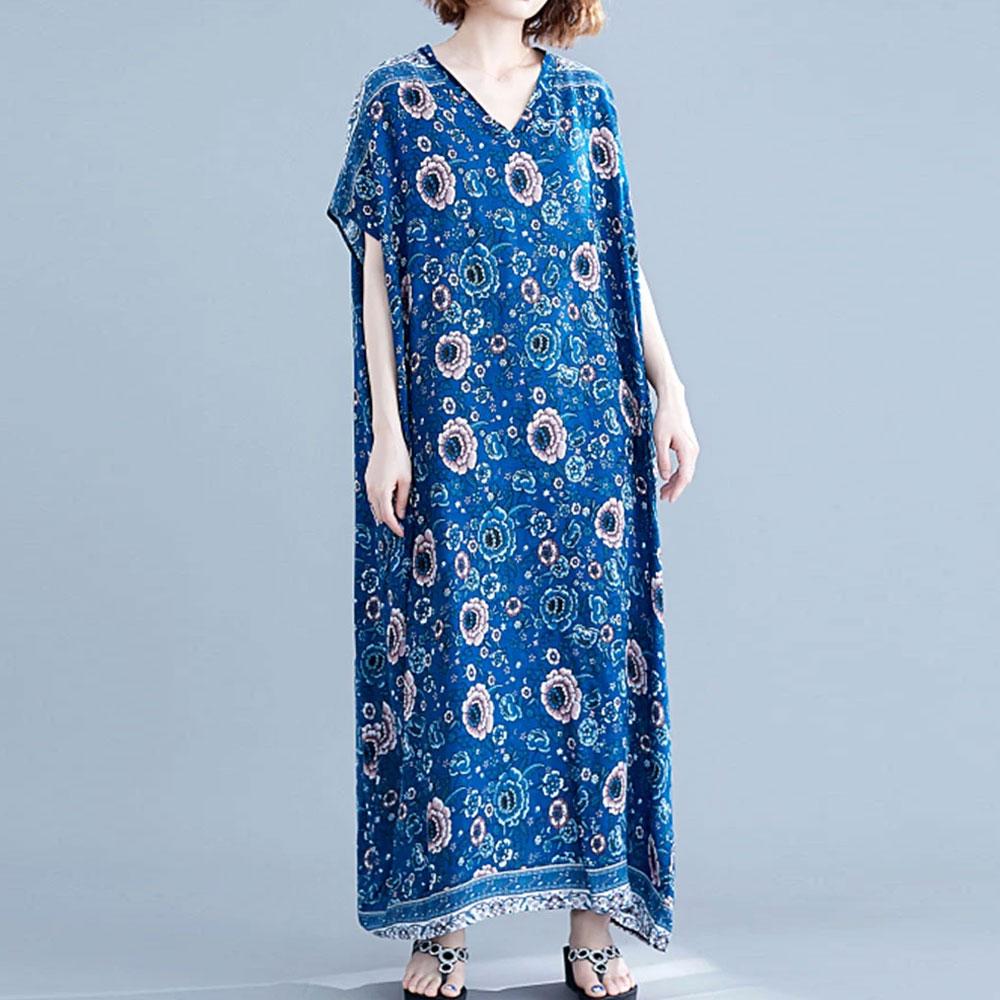 Blue V-Neck Floral Print Batwing Sleeve Loose Kaftan Maxi Dress