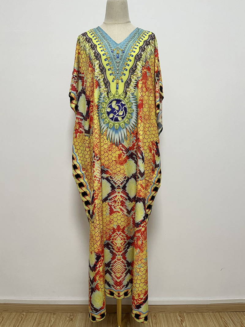 Round Neck Leopard Baroque Print Short Sleeve Loose Kaftan Maxi Dress 7