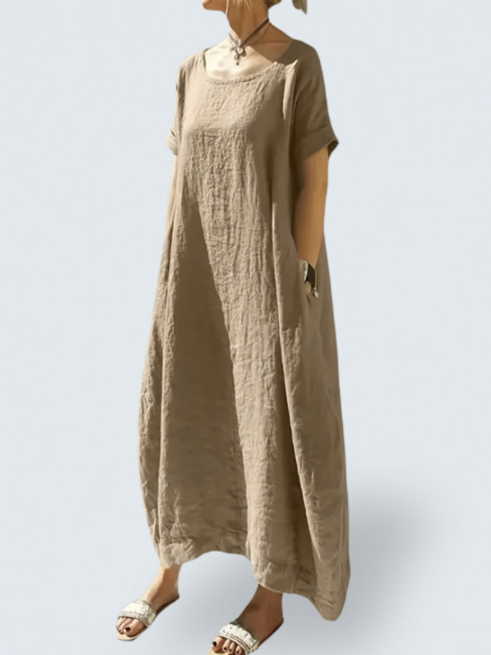 Round Neck Short Sleeve Textured Linen Pocket Cocoon Maxi Dress