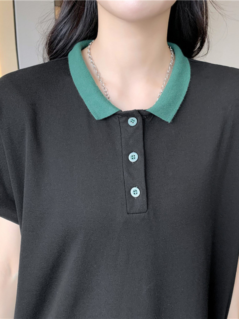 Polo Collar Button Short Sleeve Loose A-Line Maxi Dress
