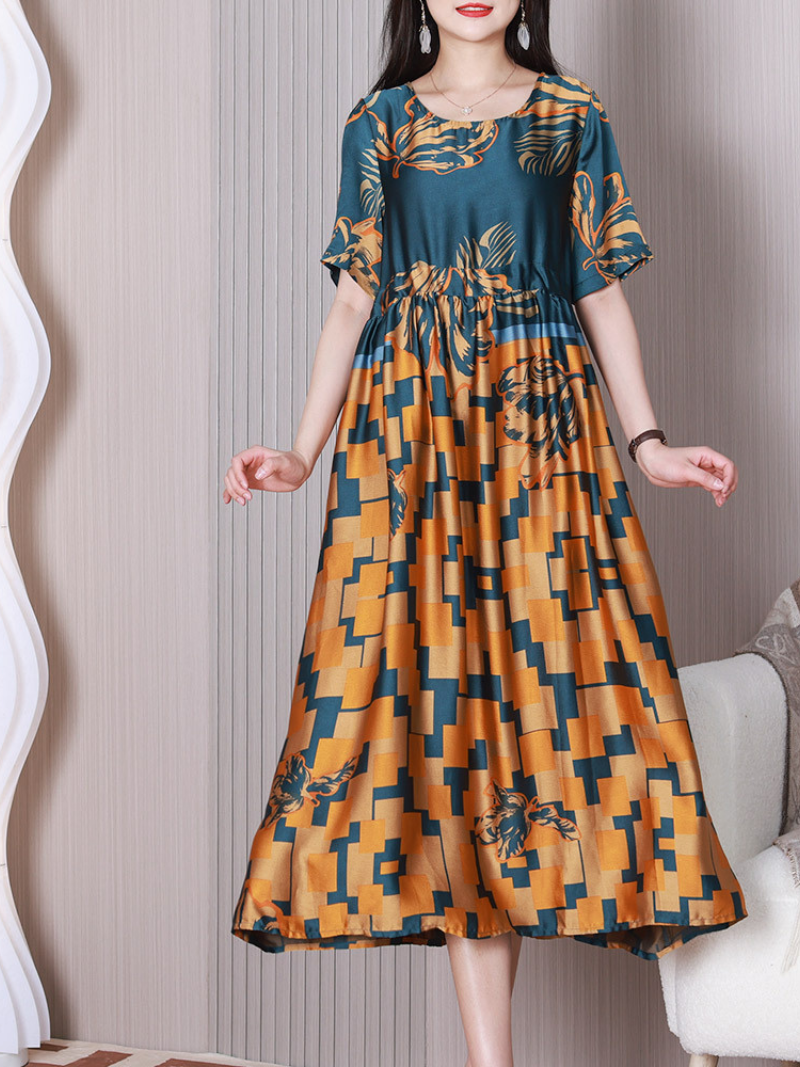 Round Neck Floral Geometric Print Short Sleeve Drawstring A-Line Midi Dress 4