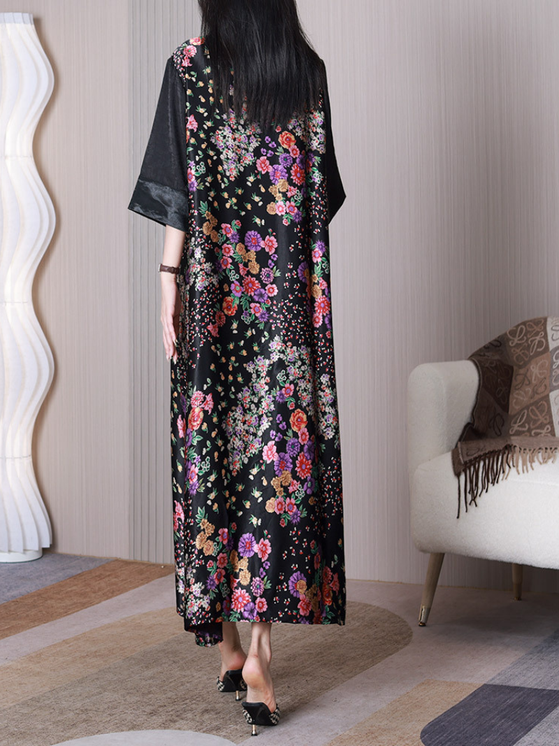 Notch Square Neck Floral Print Half Sleeve Loose A-Line Maxi Dress