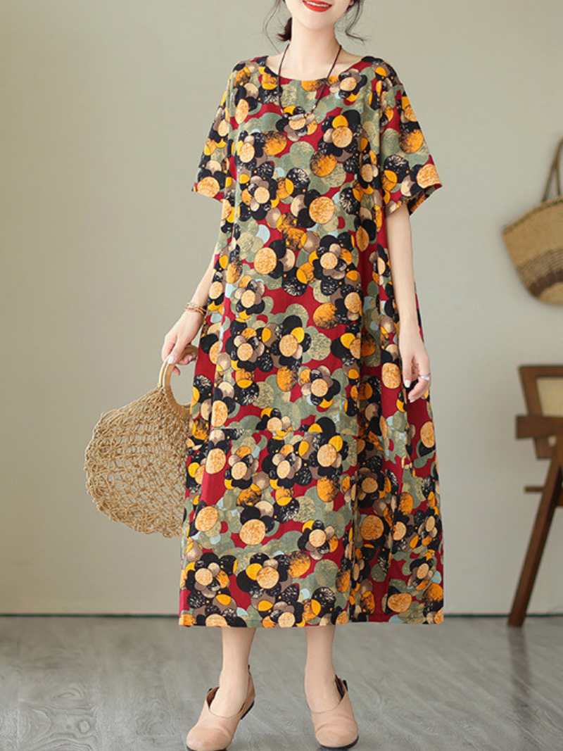 Yellow Round Neck Short Sleeve Floral Dot Print Loose Midi Dress 2