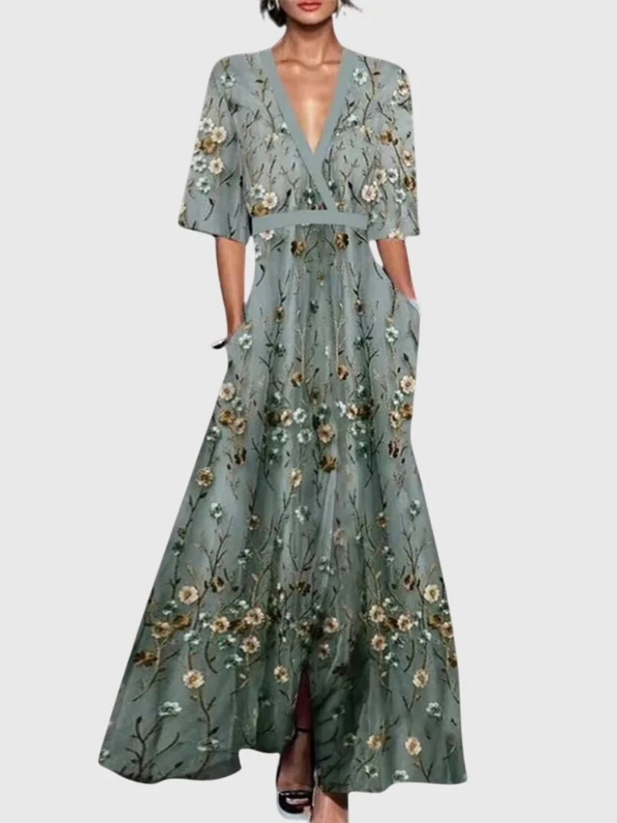 Plunge V-Neck Half Sleeve Floral Print Pocket Flared Maxi Dress 3