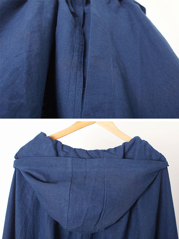 Hooded Open Front Linen Long Cape Coat