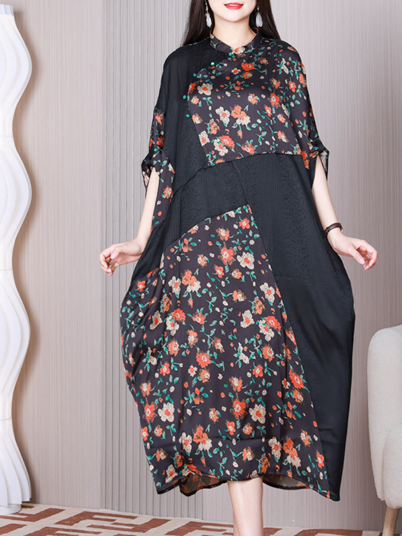 Black Stand Collar Ditsy Floral Print Batwing Sleeve Loose Midi Dress 3