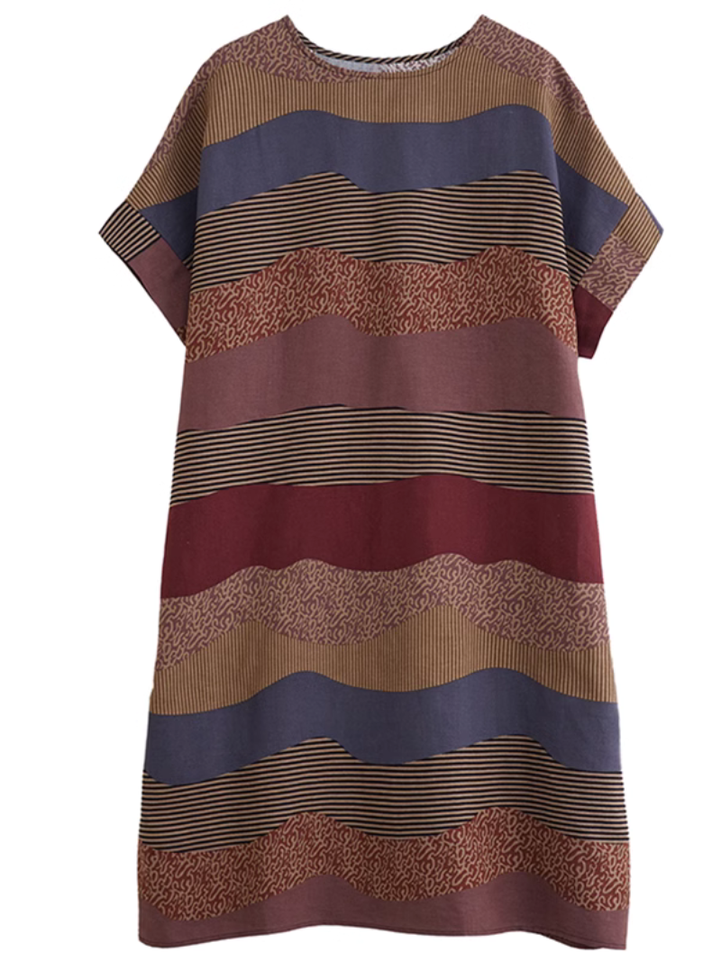 Round Neck Short Sleeve Wavy Stripe Print Loose Shift Midi Dress