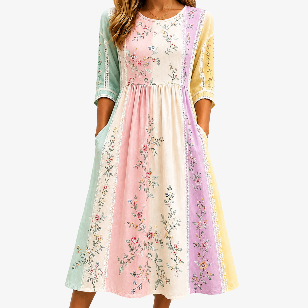 Round Neck Lace Trim Floral Stripe Patchwork Midi Dress
