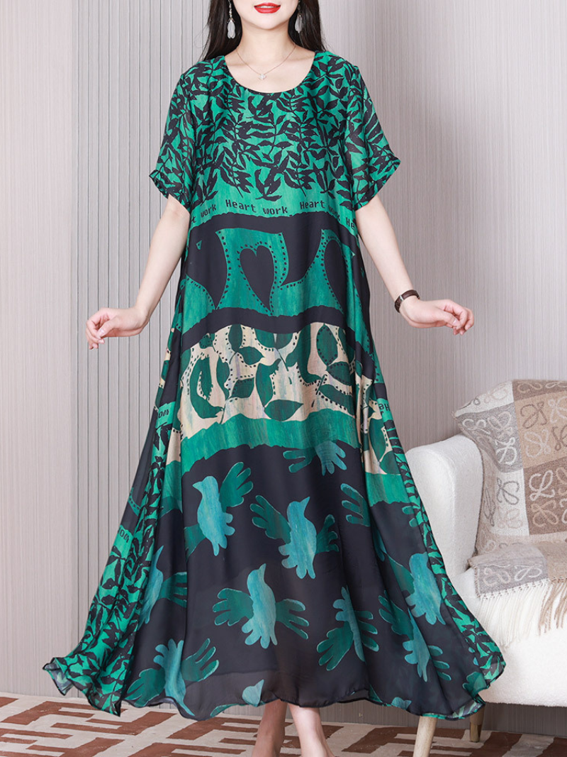 Round Neck Abstract Leaf Print Short Sleeve Loose Maxi Dress