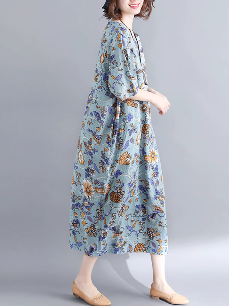 Round Neck Ditsy Floral Short Sleeve Loose Cotton Midi Dress 5