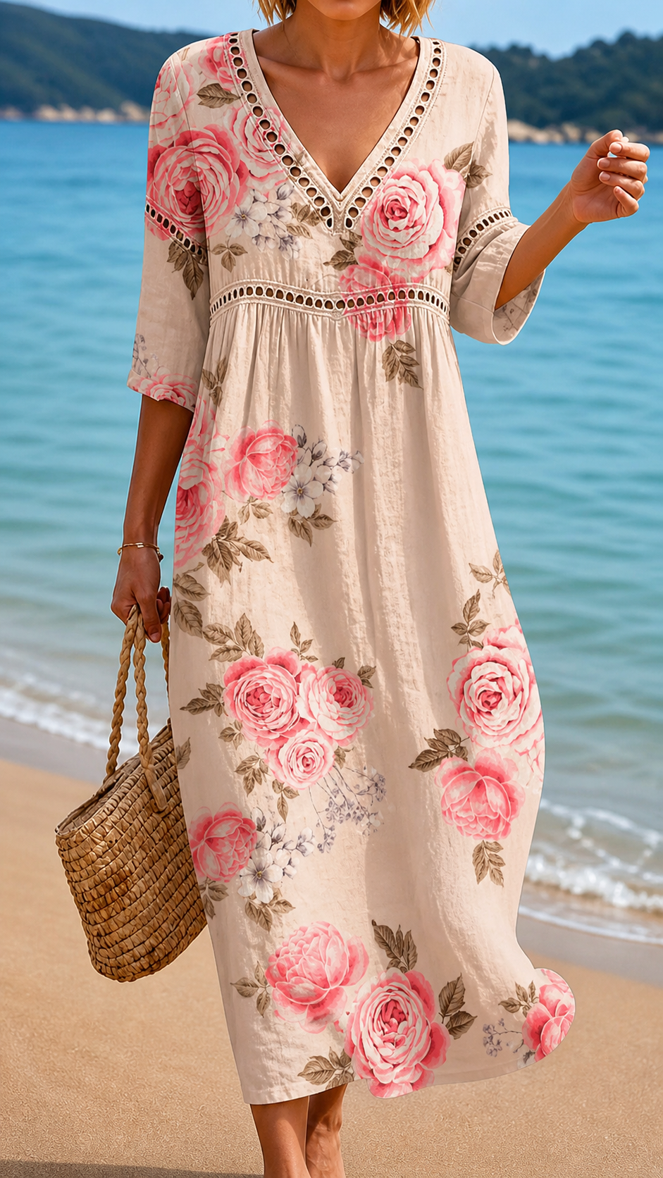 V-Neck Crochet Trim Rose Floral Print Half Sleeve A-Line Maxi Dress