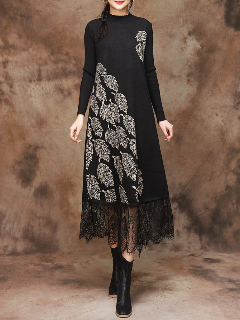 Mock Neck Long Sleeve Leaf Jacquard Knit Lace Hem Midi Dress