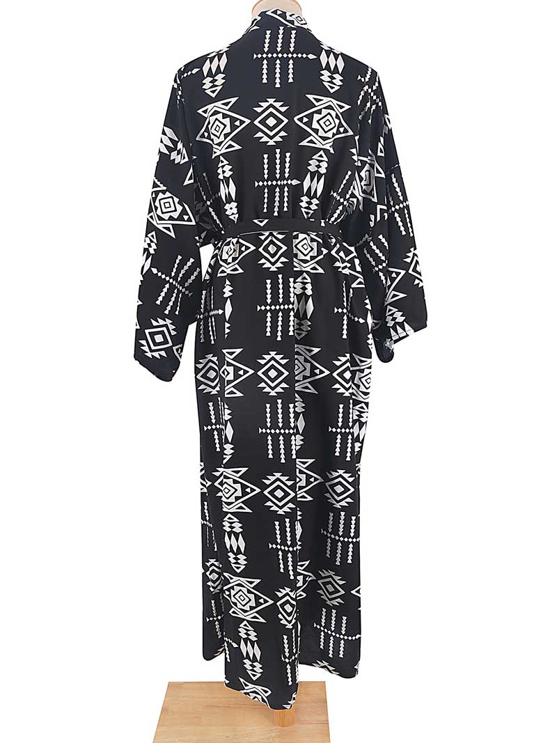 Open Front Abstract Print Belted Long Kimono Robe 7